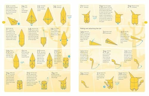 Stapsgewijze instructies voor het vouwen van een origami Pikachu.