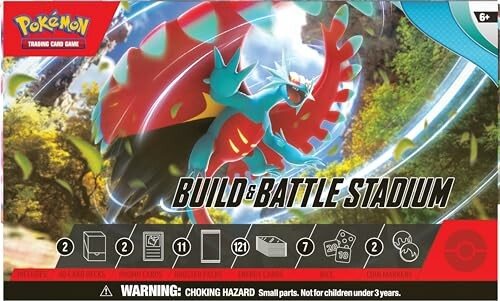 Inhoudswaarschuwing van de Pokémon Build & Battle Stadium doos