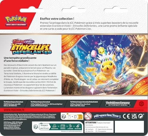 Achterkant van Pokémon-kaartverpakking met Pikachu-illustratie en productinformatie.