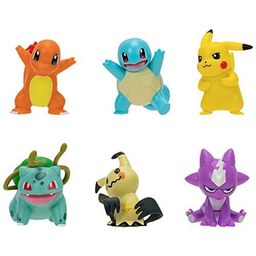 Zes Pokémon-figuren, waaronder Charmander en Pikachu.