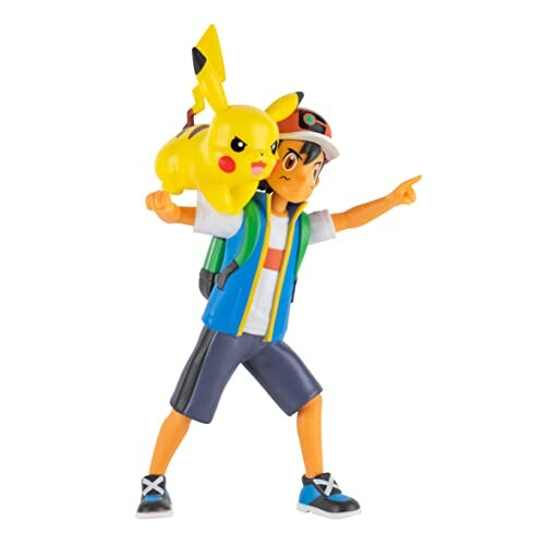 Speelfiguur van een jongen met een Pikachu op zijn schouder