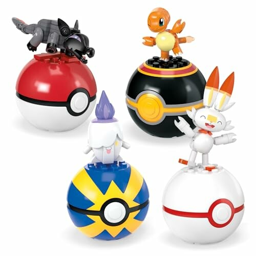 Pokemon figuren op Pokéballen.