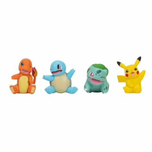 Vier Pokémon-figuren: Charmander, Squirtle, Bulbasaur en Pikachu.