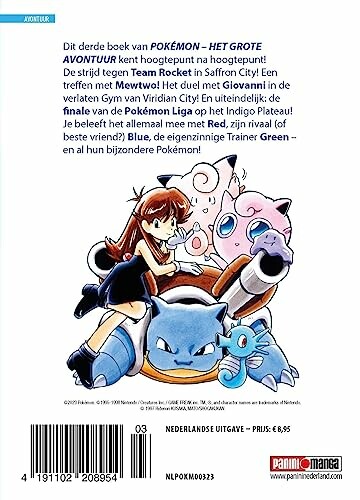 Achterkant van een Pokémon-boek met personages en samenvatting.