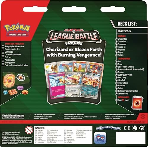 Achterkant van een Pokémon League Battle Deck doos met Charizard kaarten en accessoires.