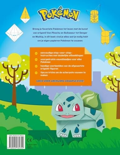 Achterkant van een boek met Pokemon origami-instructies.