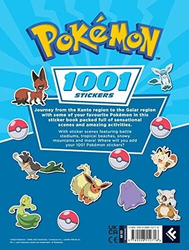 Omslag van een Pokémon-stickerboek met diverse Pokémon en Pokéballs.