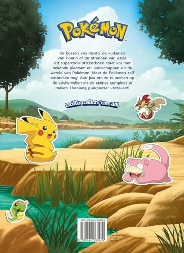 Achterkant van een Pokémon-stickerboek met Pikachu en andere Pokémon bij een rivier