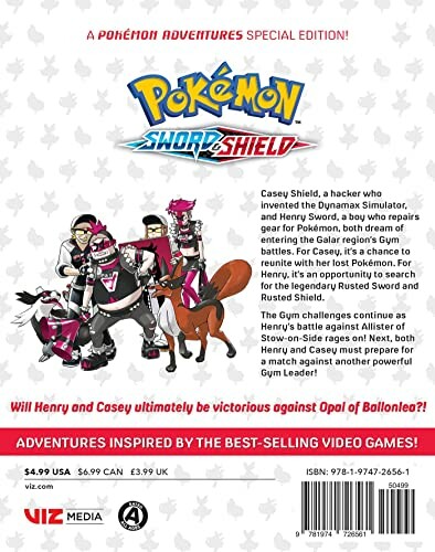 Achterkant van een Pokémon Sword and Shield boek met personages en verhaalbeschrijving.