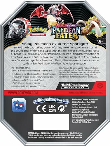 Achterkant van Pokémon TCG Paldean Fates tin verpakking.