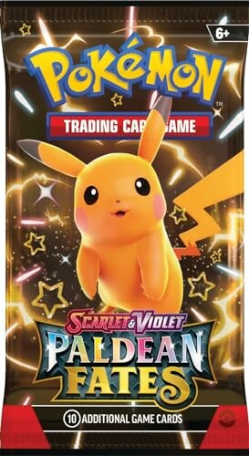 Pokémon kaartspel verpakking met Pikachu en Paldean Fates logo.